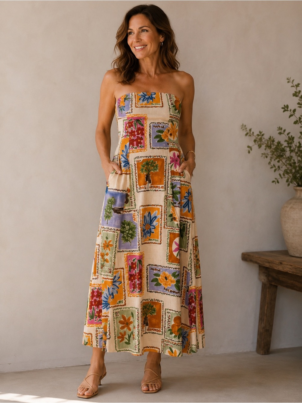 New ANTHROPOLOGIE Paper Heart Strapless Maxi Dress Linen Floral Sz S